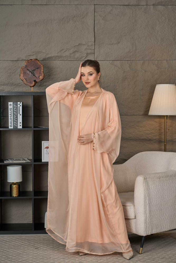 عباية شيفون خوخي طبقتين