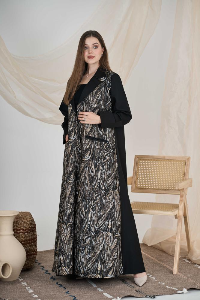 بليزر راقي قصة كالوش القماش جاكار و كتان اسود - الصورة 2