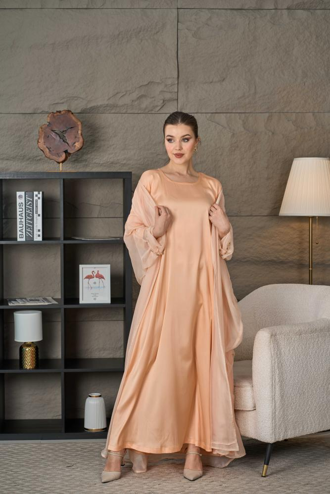 عباية شيفون خوخي طبقتين - الصورة 3