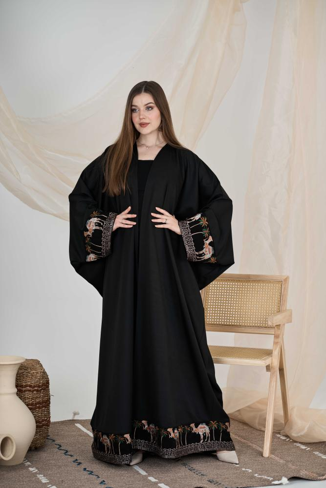 عباية كتان سوداء مطرزة - الصورة 3