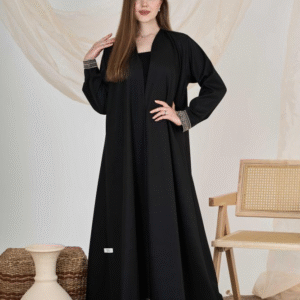 عباية كتان سوداء مطرزة سدو