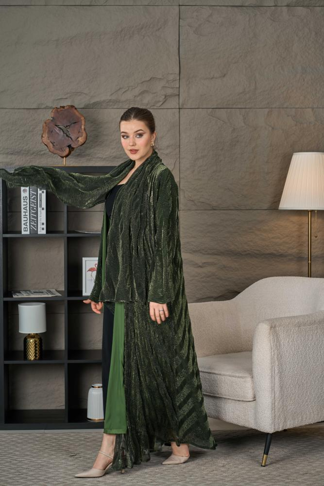 عباية زيتي غامق شيفون ليزر - الصورة 2