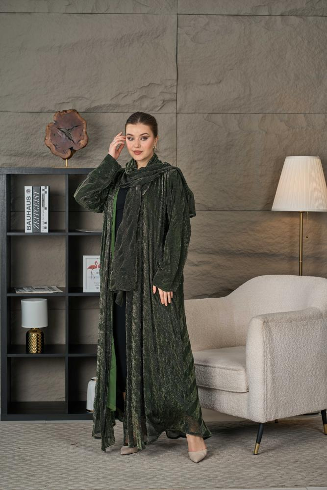 عباية زيتي غامق شيفون ليزر - الصورة 5
