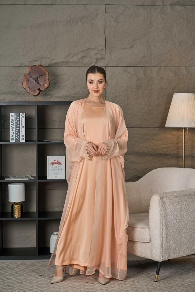 عباية شيفون خوخي طبقتين - الصورة 2