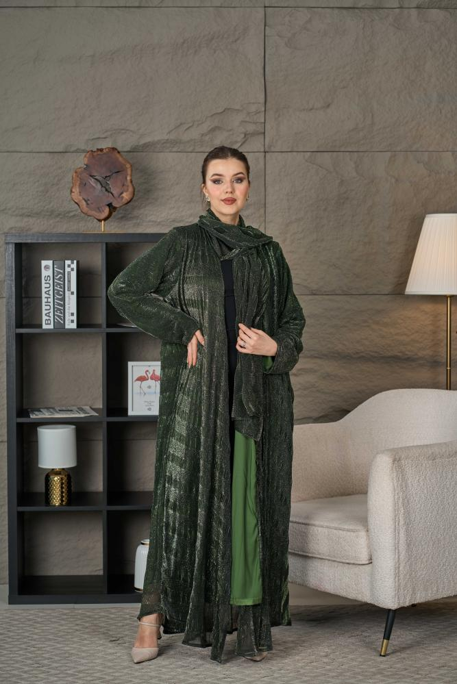 عباية زيتي غامق شيفون ليزر